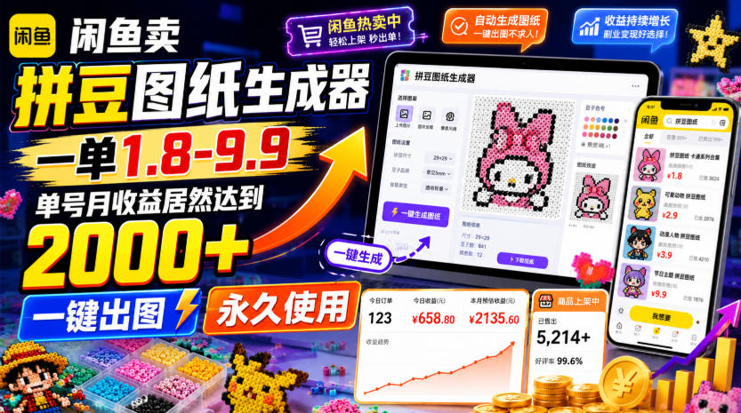 闲鱼卖拼豆图纸生成器，一单1.8-9.9，单号月收益居然达到2000+一键出图永久使用-灰产星球