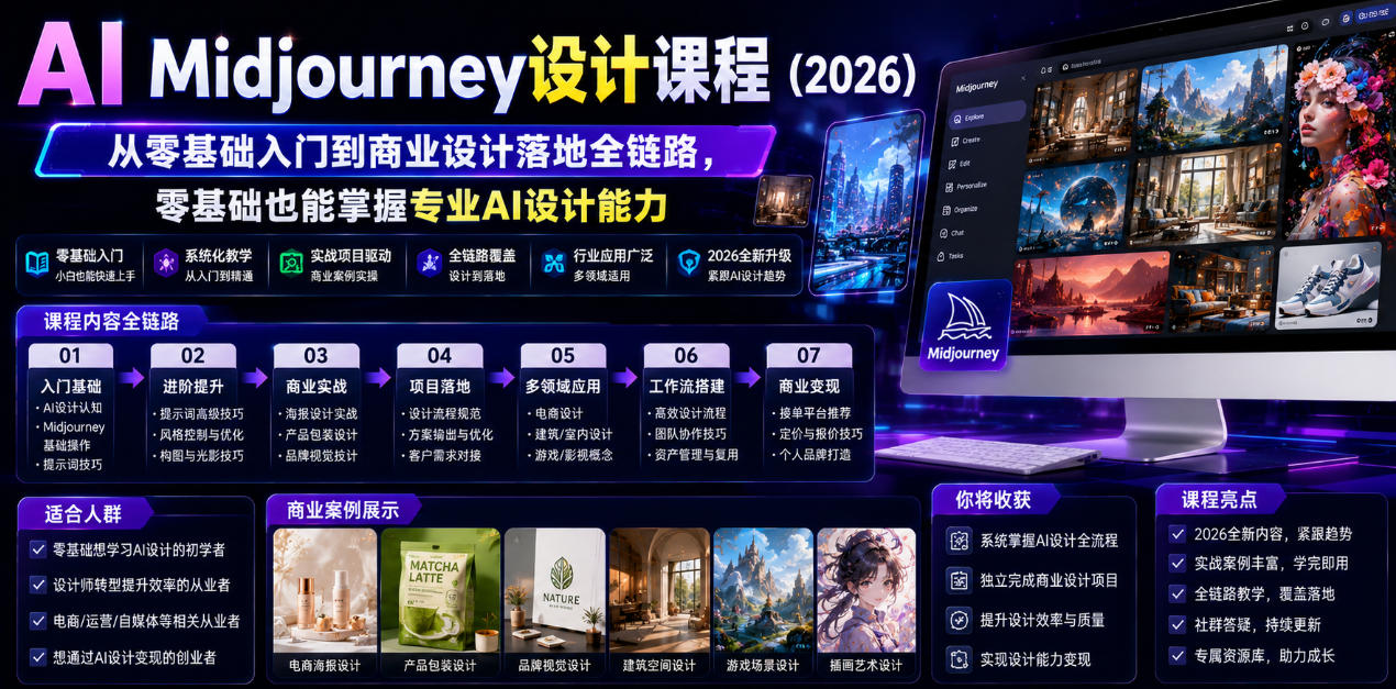 AI Midjourney设计课程（2026），从零基础入门到商业设计落地全链路，零基础也能掌握专业AI设计能力-灰产星球