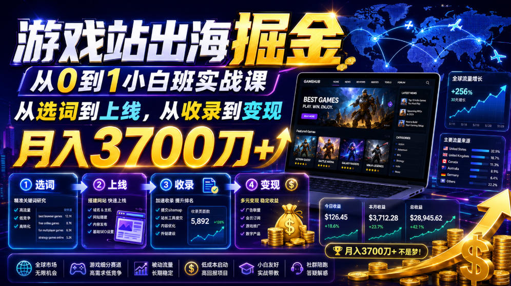 游戏站出海掘金从0到1小白实战课，从选词到上线，从收录到变现，月入3700刀+-灰产星球