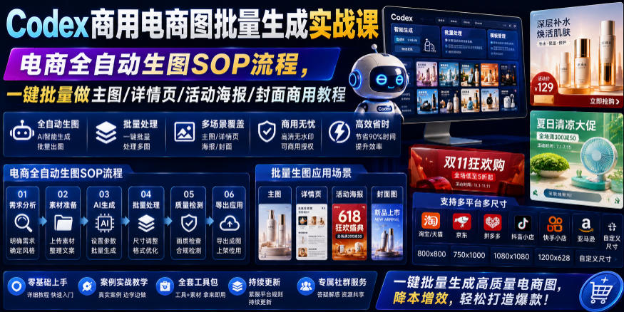 Codex商用电商图批量生成实战课｜电商全自动生图SOP流程，一键批量做主图/详情页/活动海报/封面商用教程-灰产星球