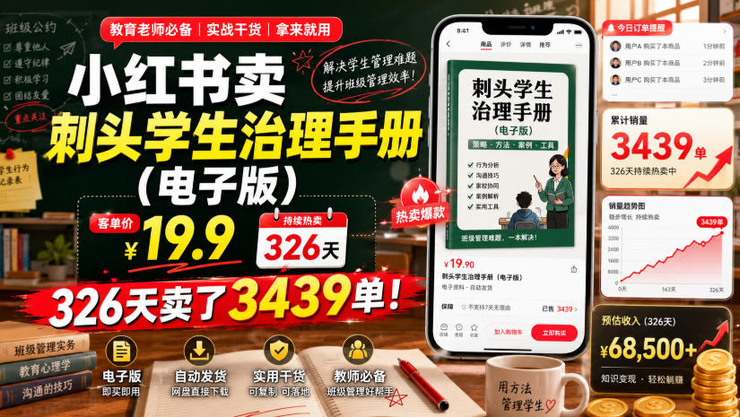 小红书卖刺头学生治理手册（电子版），客单价19.9，326天卖了3439单！-灰产星球