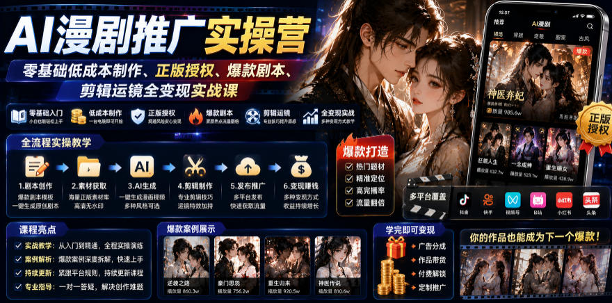 AI漫剧推广实操营｜零基础低成本制作、正版授权、爆款剧本、剪辑运镜全变现实战课-灰产星球