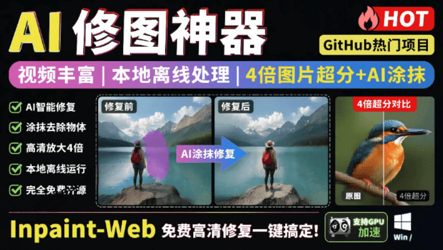 本地离线处理,4倍图片超分+AI涂抹去水印!Github上热门神器,免费高清修复图一键搞定!Inpaint-Web-灰产星球