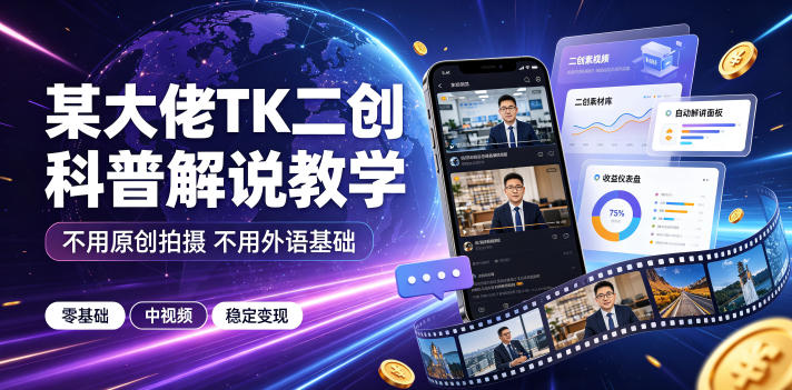 某大佬TK二创科普解说教学，不用原创拍摄不用外语基础，零基础做TikTok中视频稳定变现-灰产星球